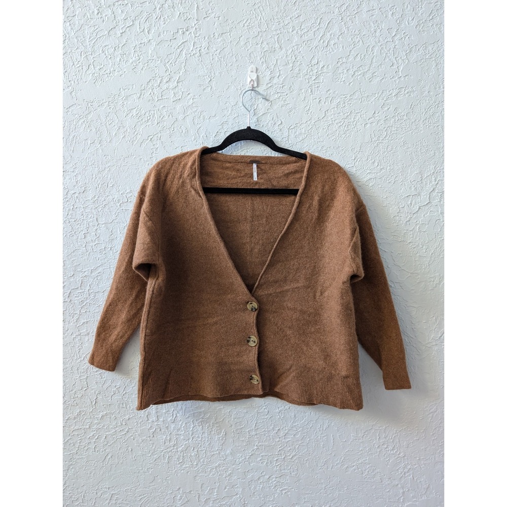 Free People Cardigan Women M 100% Cashmere Brown V-Neck Button Front Cozy